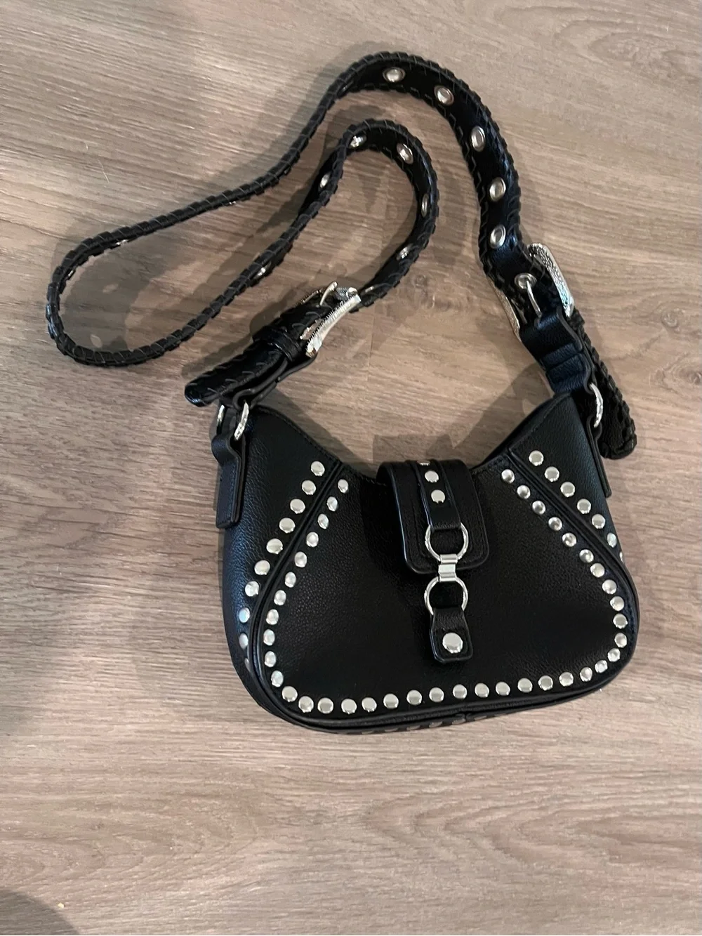 Urban Outfitters Black Studded Leather Shoulder Bag with Grommet Strap